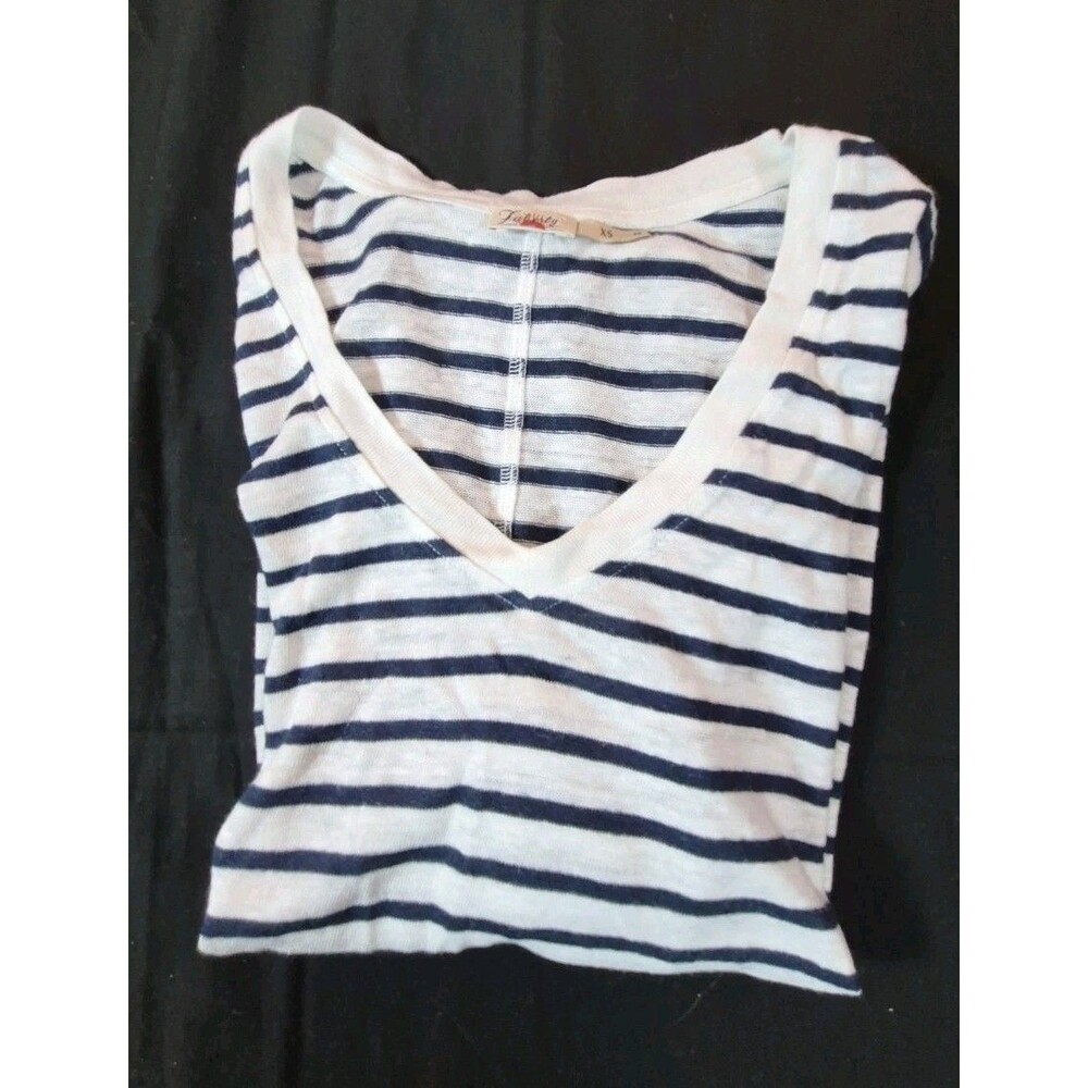 Faherty Ocean Side Striped Linen V Neck Top Womens Size XS Navy/White Nautical
